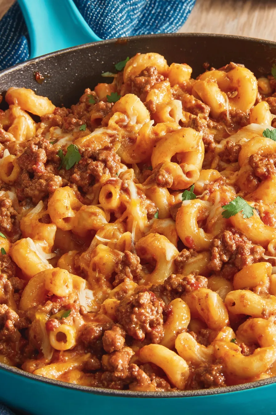 Skillet of chili mac and cheese with cheese melting on top