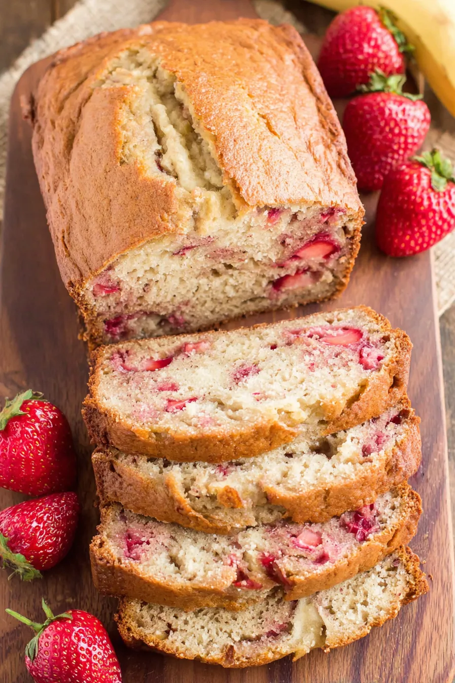 Sliced strawberry banana bread on a wooden board