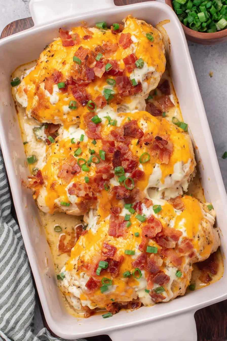 Close-up of cheesy baked chicken topped with bacon