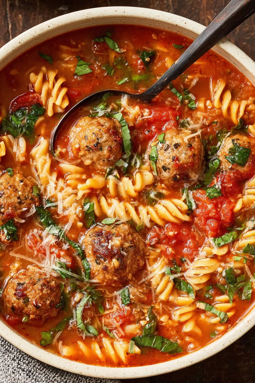 Bowls of Italian meatball soup with basil and parmesan