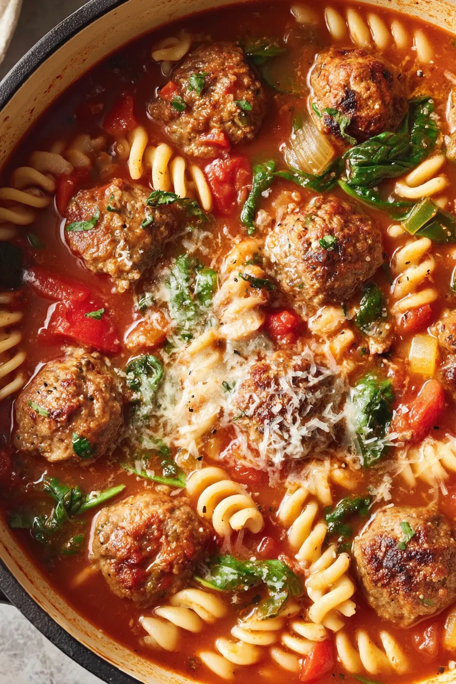 Close-up of fusilli pasta and meatballs in tomato broth