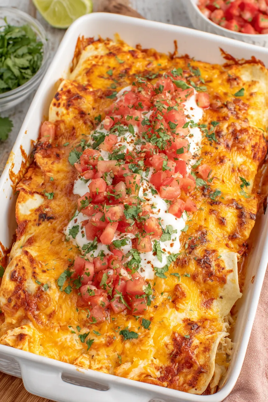 Cream Cheese Chicken Enchiladas in baking dish