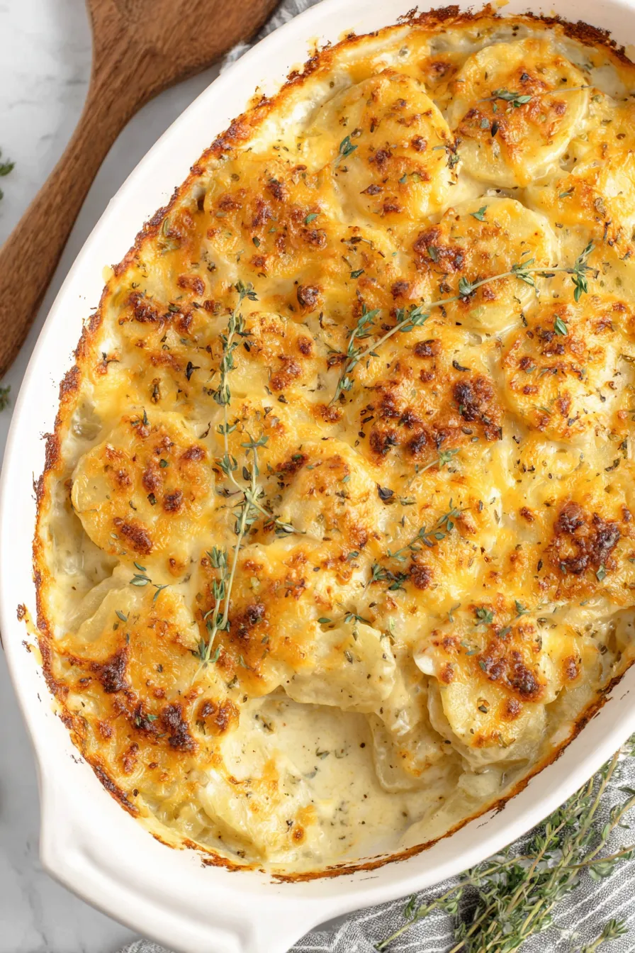 Thinly sliced potatoes layered in a baking dish with creamy sauce