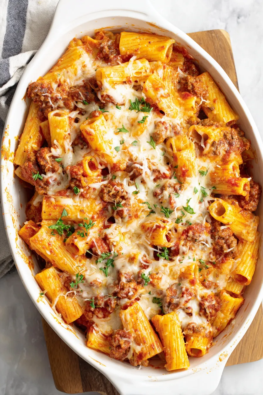 Baked rigatoni in dish with melted cheese