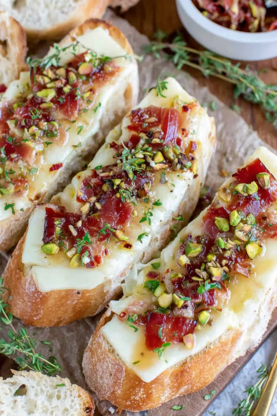 Brie cheese melted on sourdough with prosciutto and pistachios