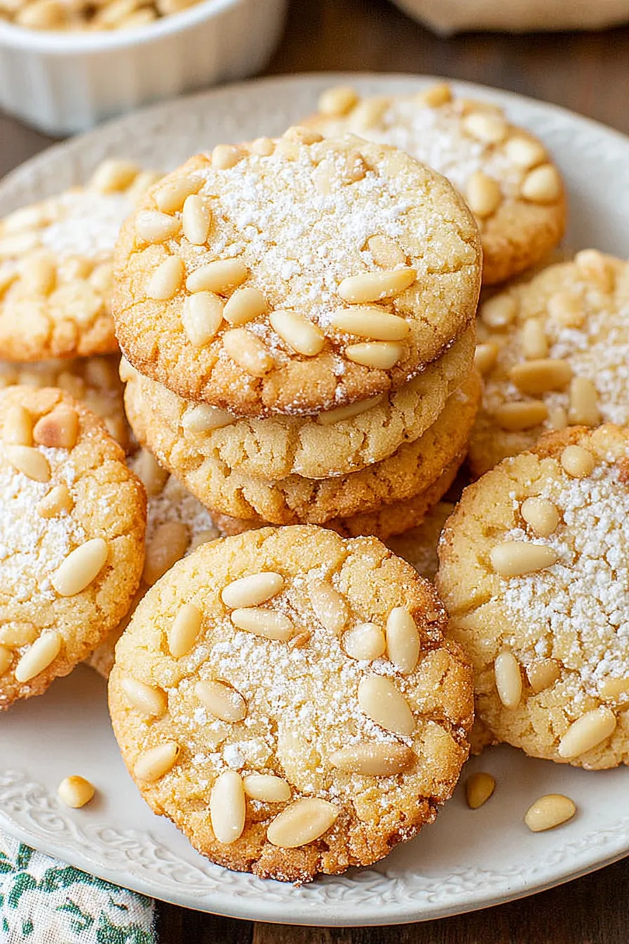 Close-up of a pignoli cookie with pine nuts
