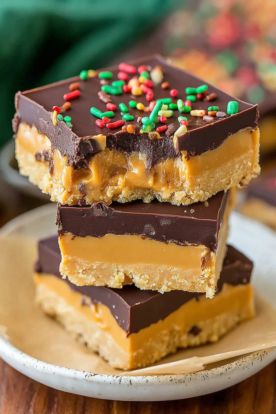 Cut Buckeye Bars arranged on a serving platter