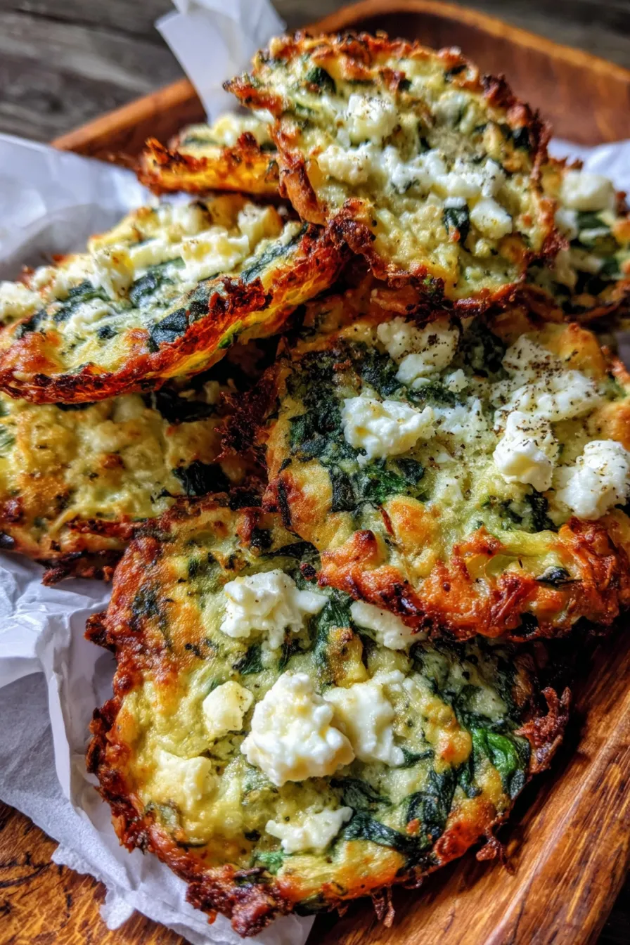 Close up of baked spinach feta crisps with golden edges
