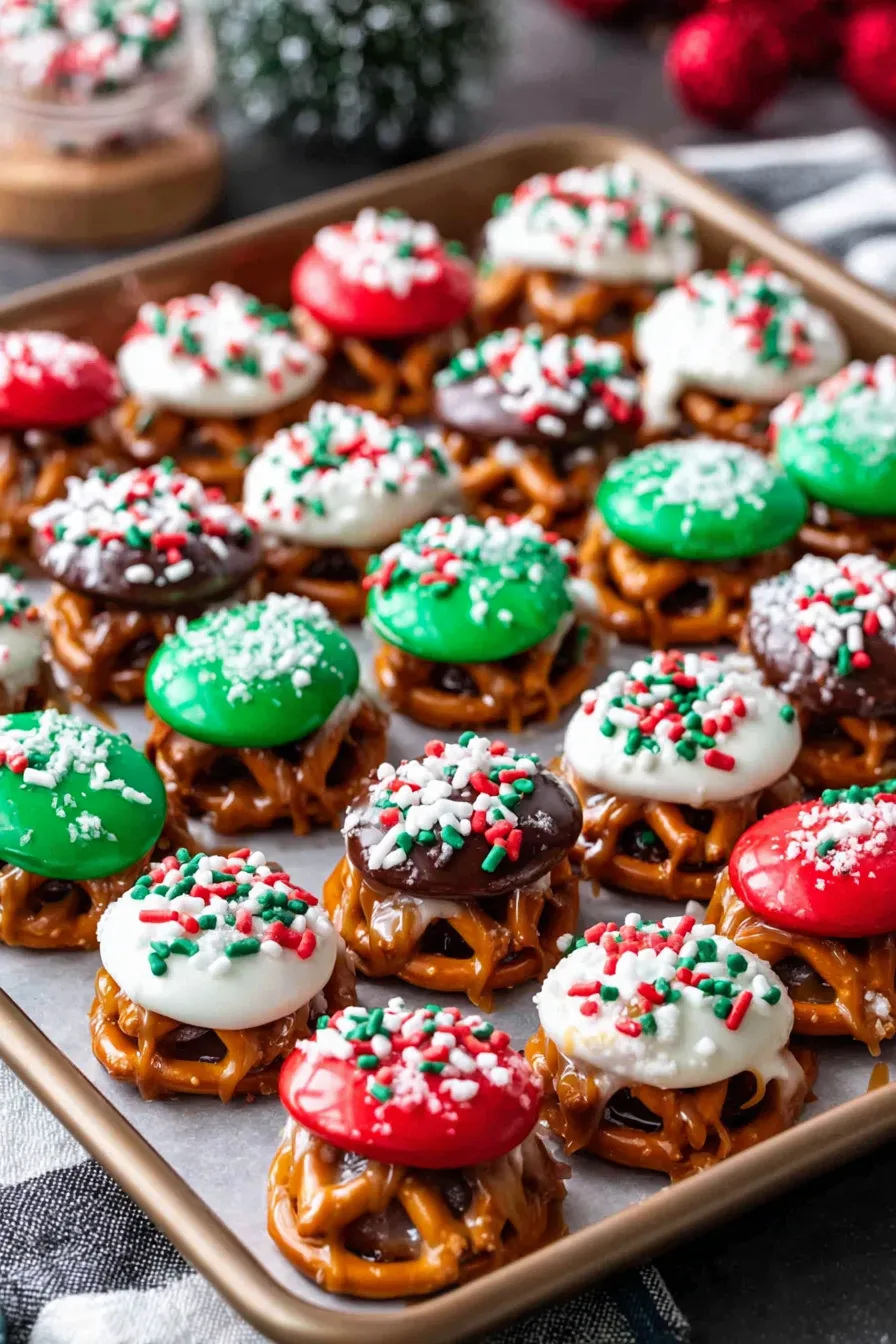 Caramel Pretzel Bites on baking sheet