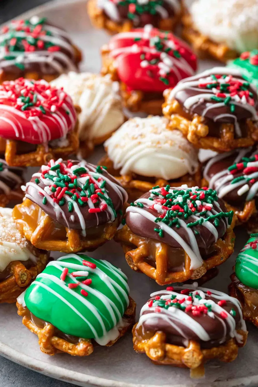 Decorated caramel pretzel bites with sprinkles