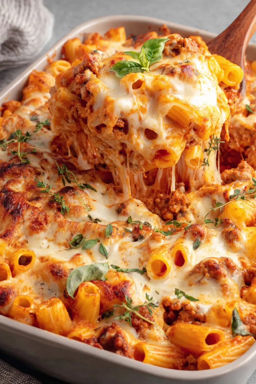 High protein baked ziti in baking dish