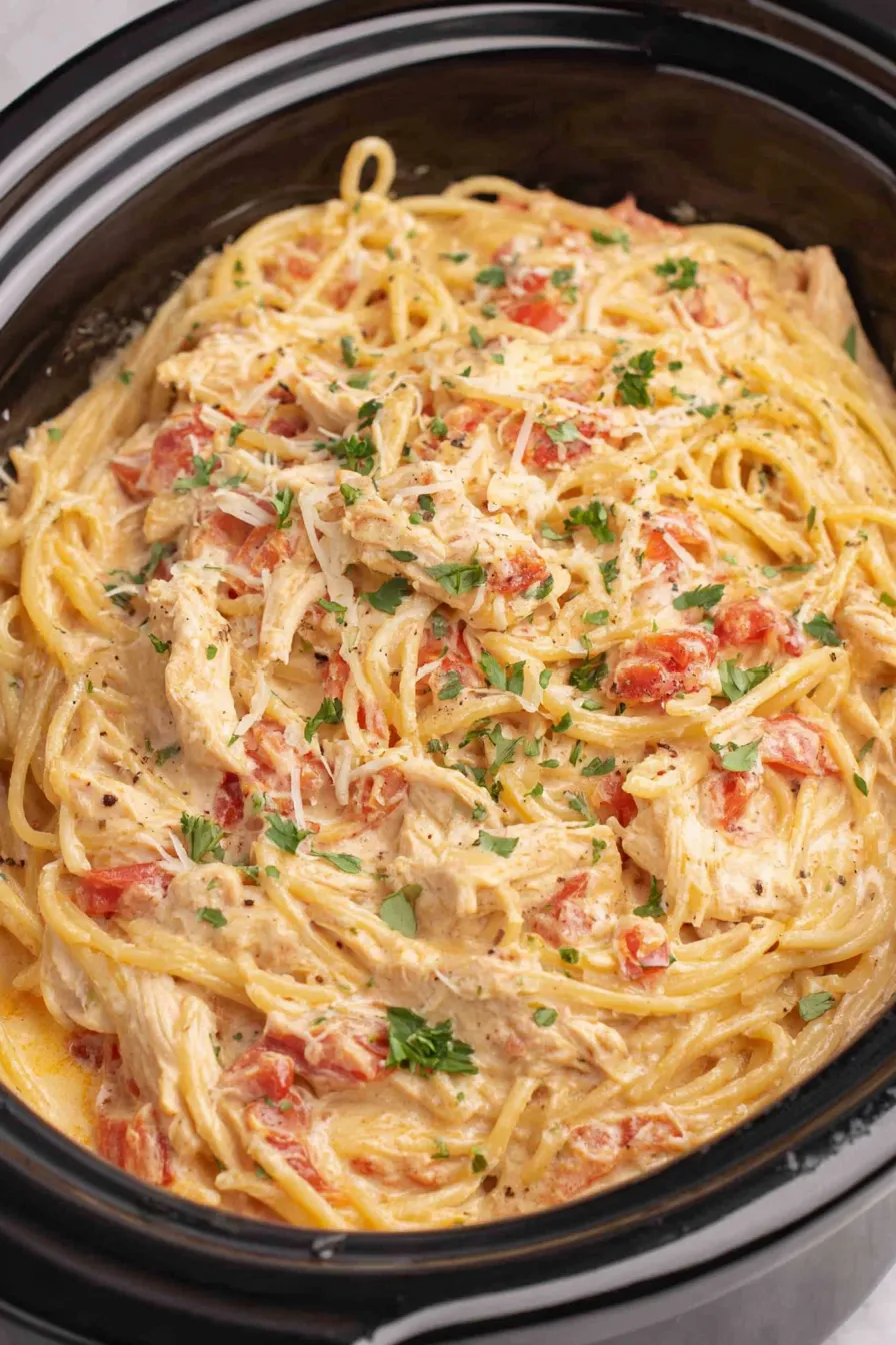 Slow cooker chicken spaghetti finish in slow cooker