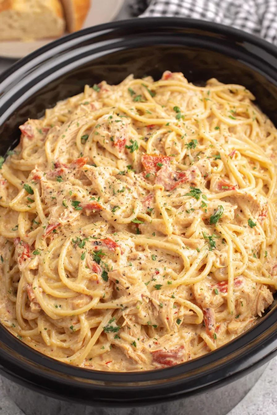 Served chicken spaghetti plated with parsley