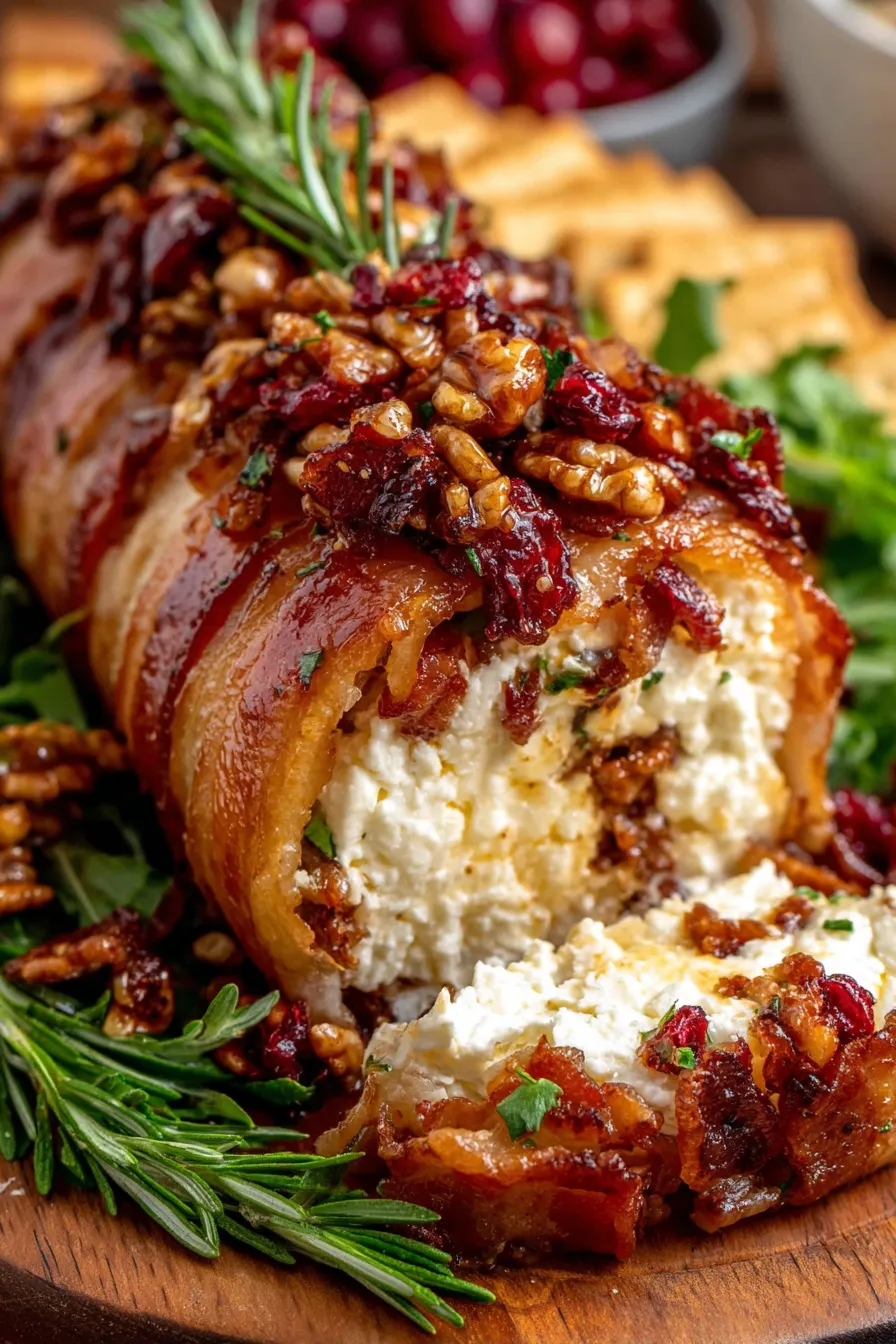 Cheese log rolled in bacon, pecans, cranberries