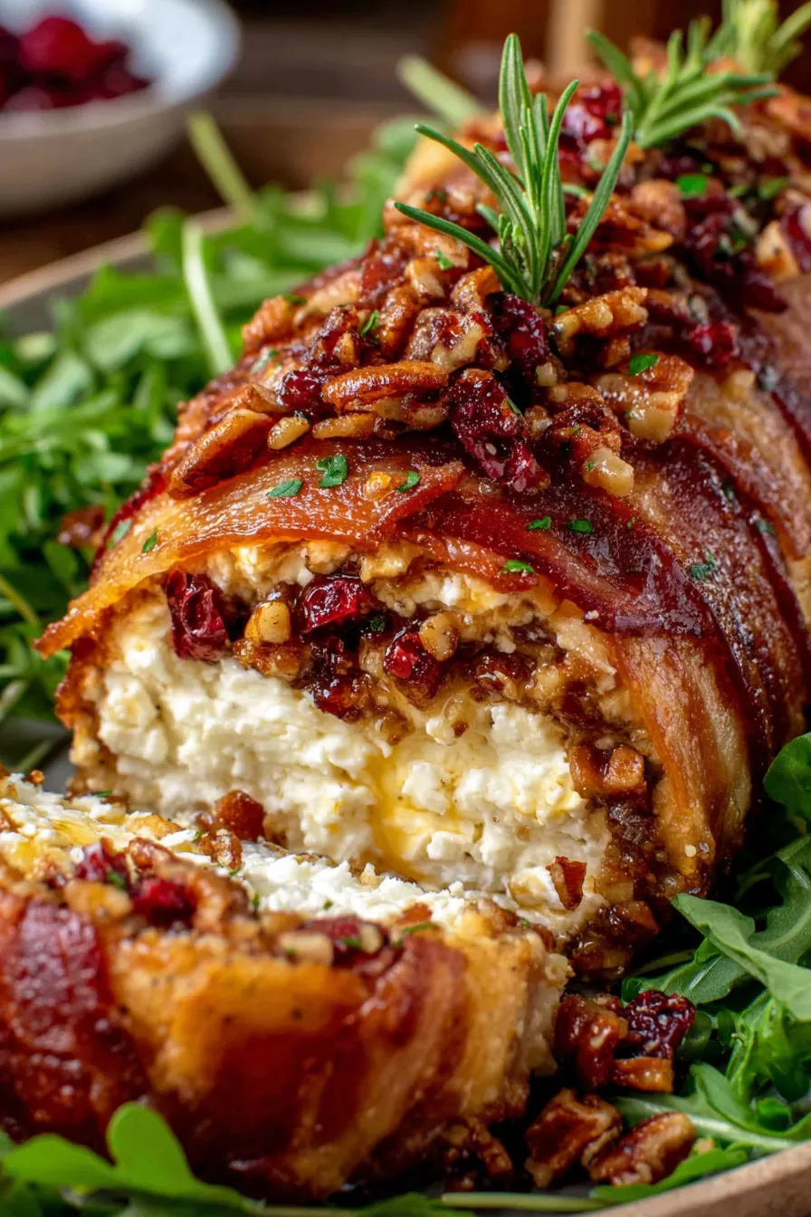 Platter with cheese log and arugula garnish