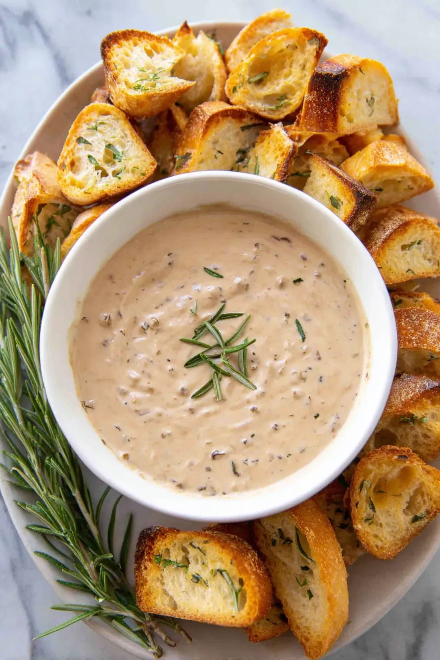 Crusty bread and dip on a wooden board