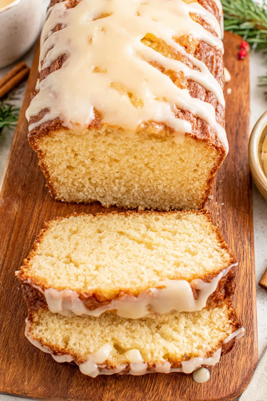 Sliced eggnog bread on a platter with glaze drips