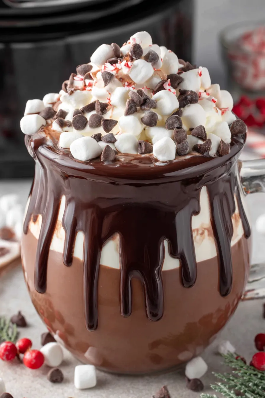 A ceramic mug filled with hot chocolate topped with marshmallows
