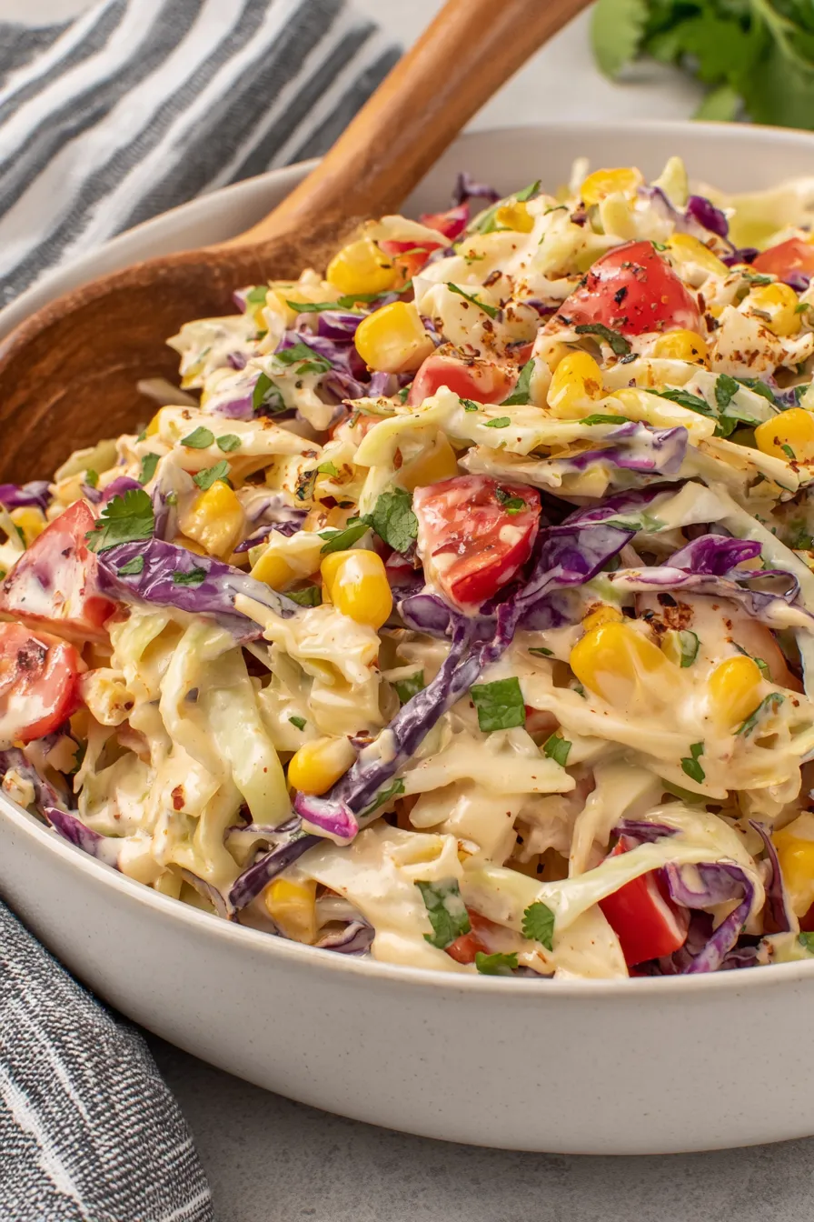 Taco coleslaw in a white bowl showing corn and cilantro garnish
