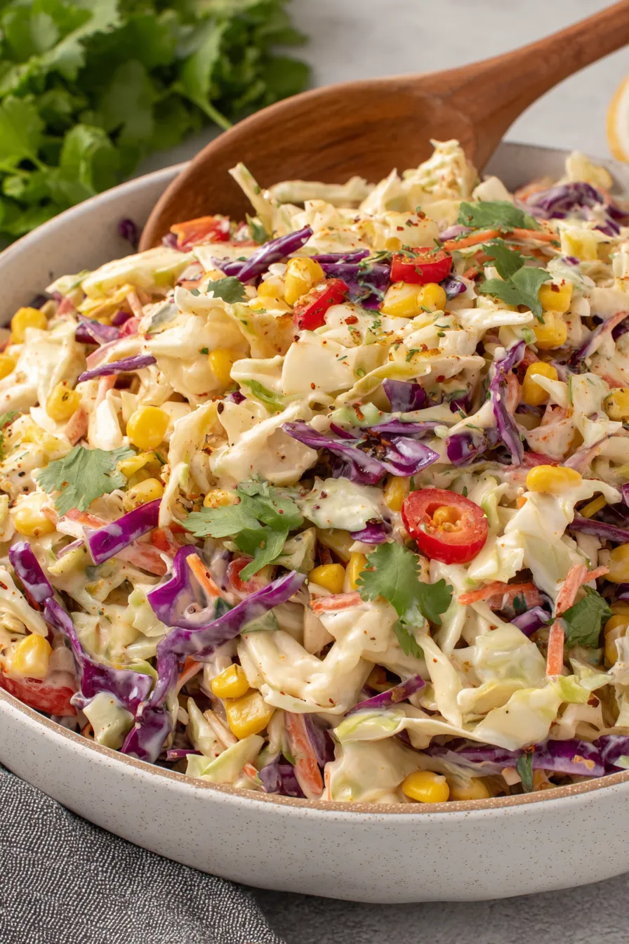 Close-up of southwestern corn mixed into coleslaw