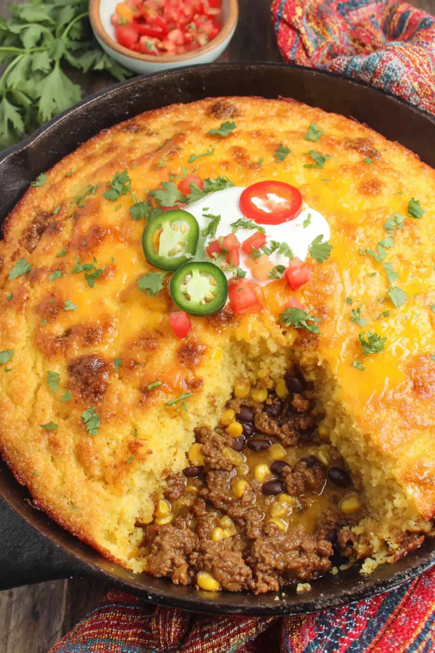 Skillet with cowboy cornbread casserole bubbling before cornbread topping