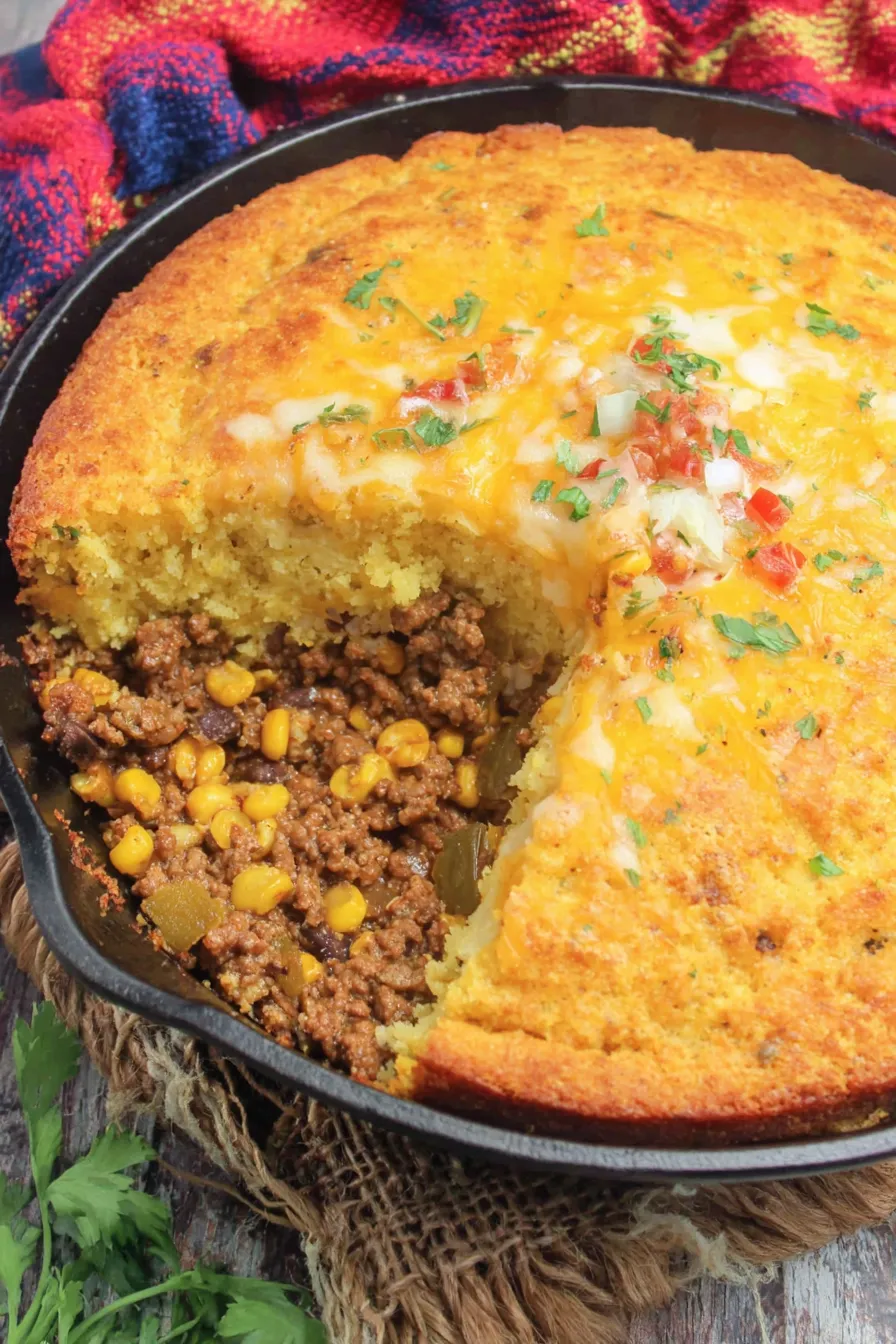 Served portion of cowboy cornbread casserole with garnish