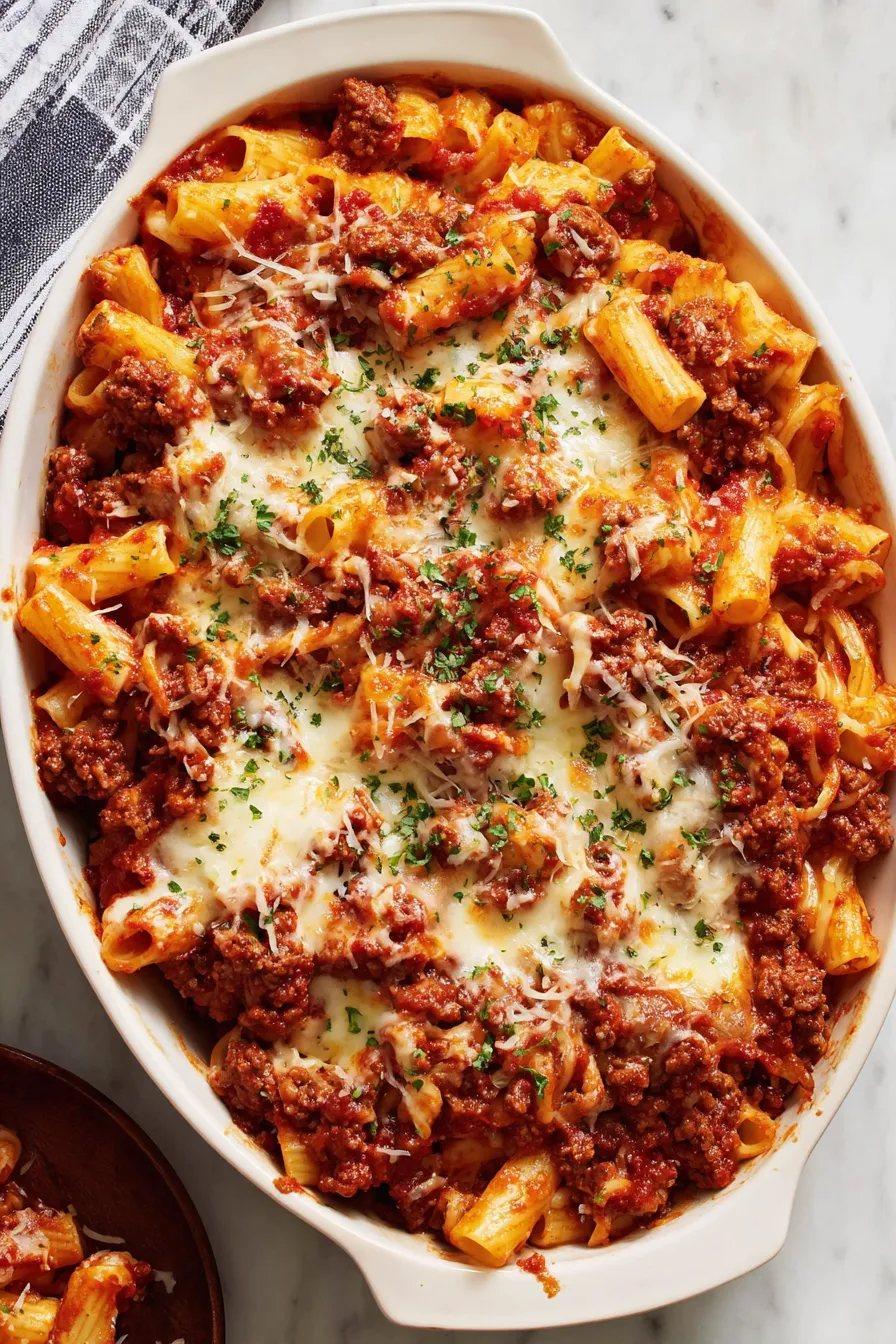 Layering ziti with cheeses and sauce