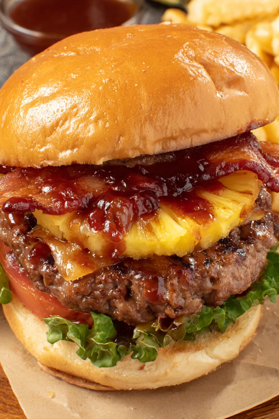 Close-up of a bacon wrapped burger with pineapple