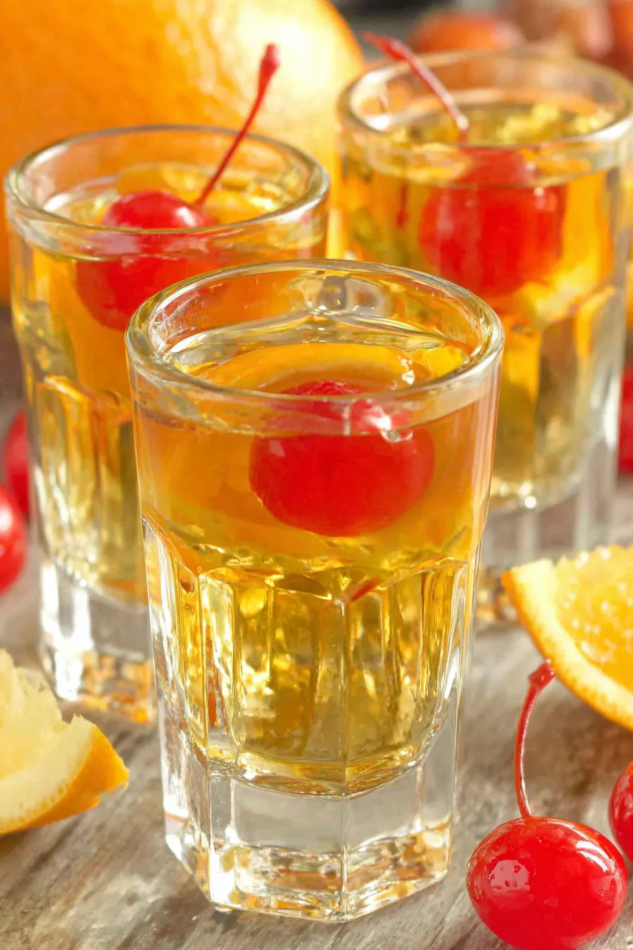 Three bottles and garnish on a wooden surface