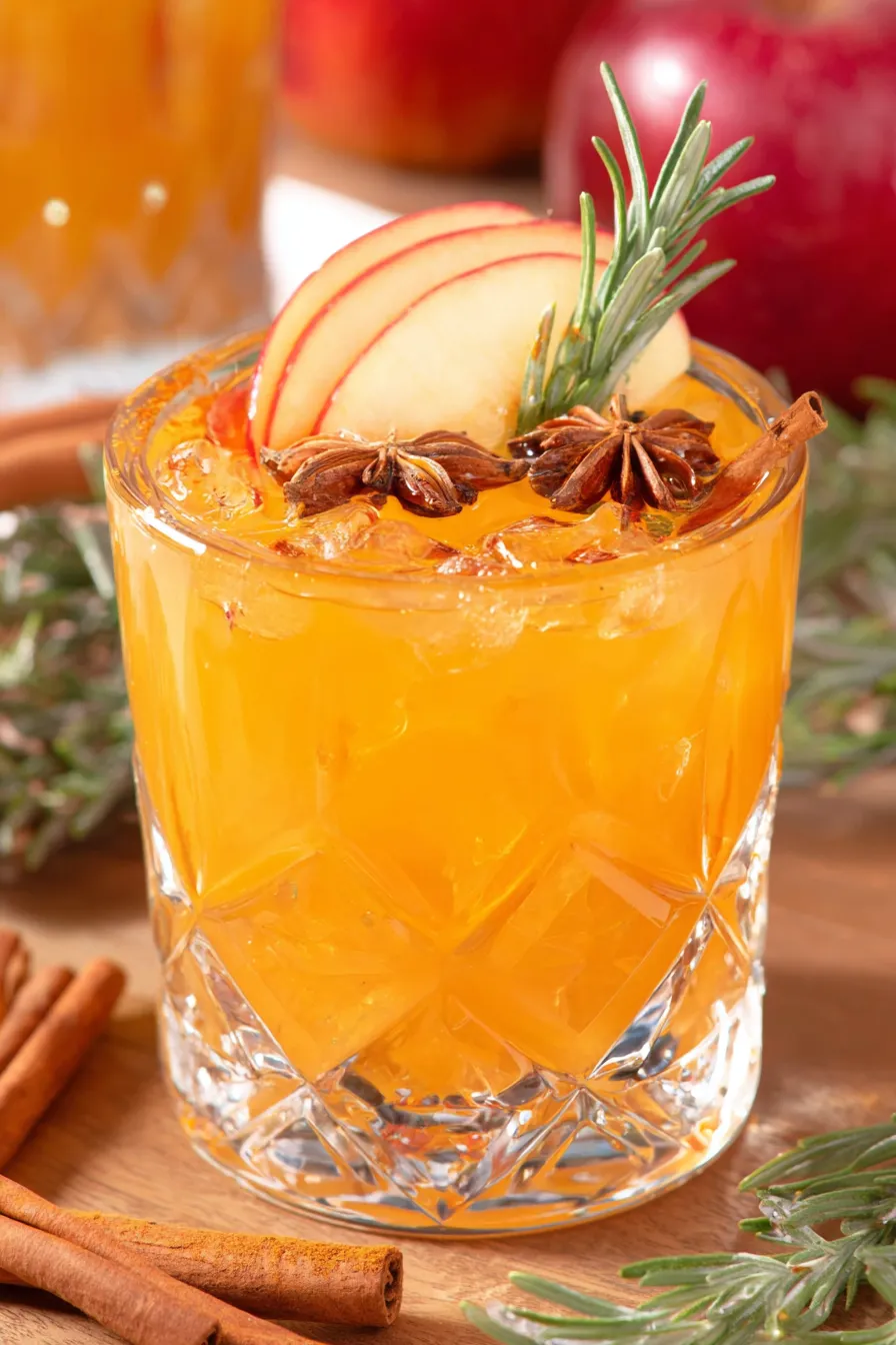 Warm glass of Fireball apple cider garnished with cinnamon stick and apple slice