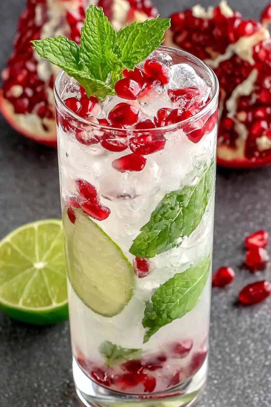 Creamy White Christmas Mojito in a tall glass with pomegranate arils and mint