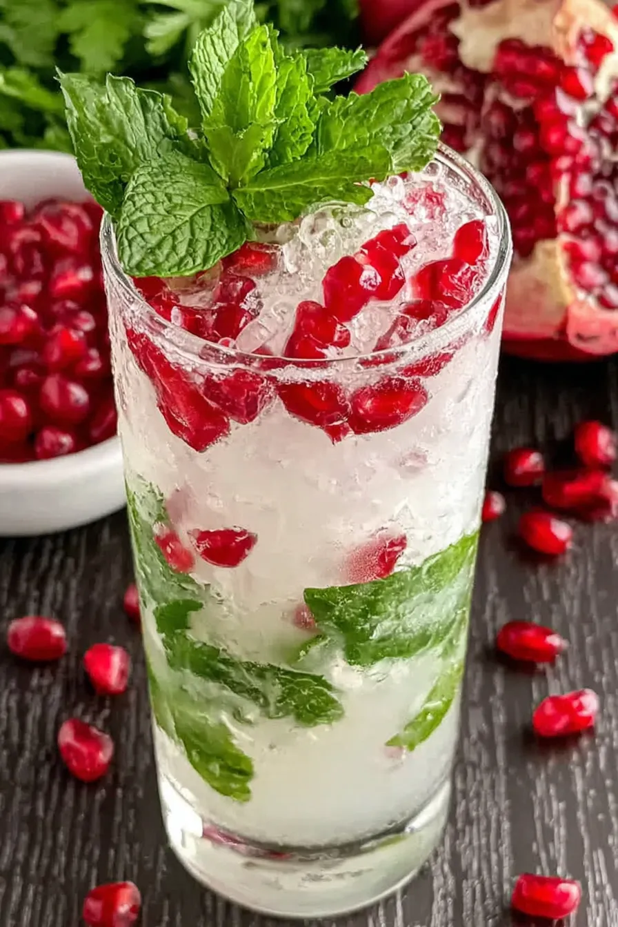 Close-up of pomegranate arils and mint garnish on a festive cocktail