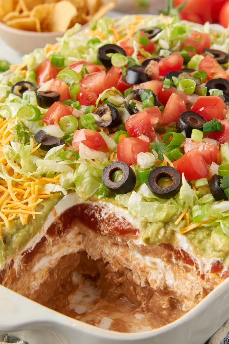 Seven layer dip in a glass 9x13 dish showing layers