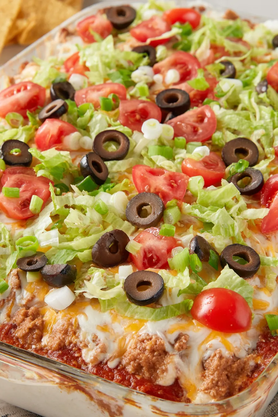 Close up of layered dip and toppings