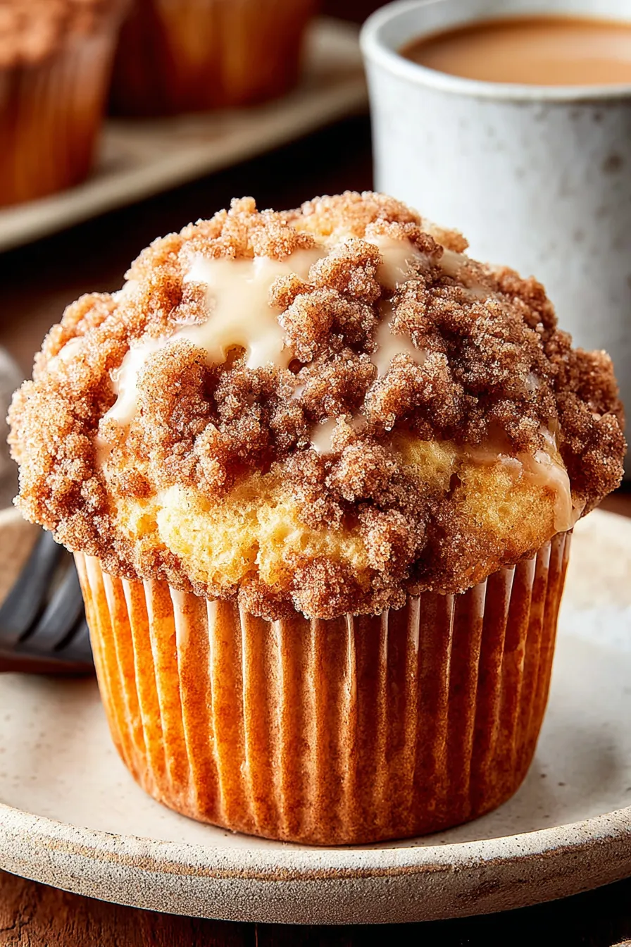 Close-up of crumbly cinnamon topping on a muffin