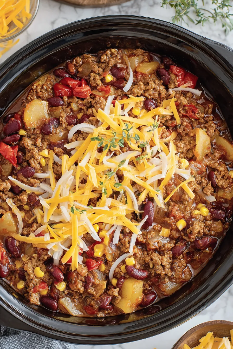 Crockpot Cowboy Casserole bubbling in a slow cooker