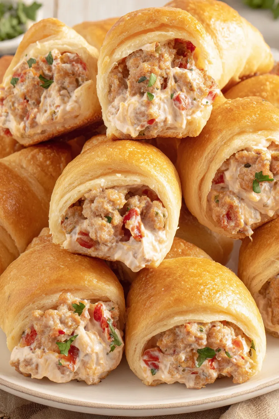 Close up of crescent roll filling being scooped