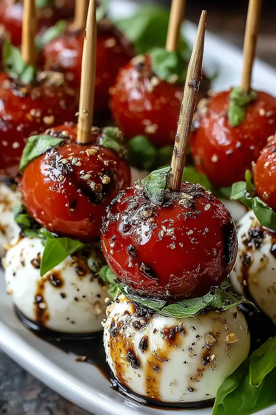 Mini Caprese skewers on a wooden platter