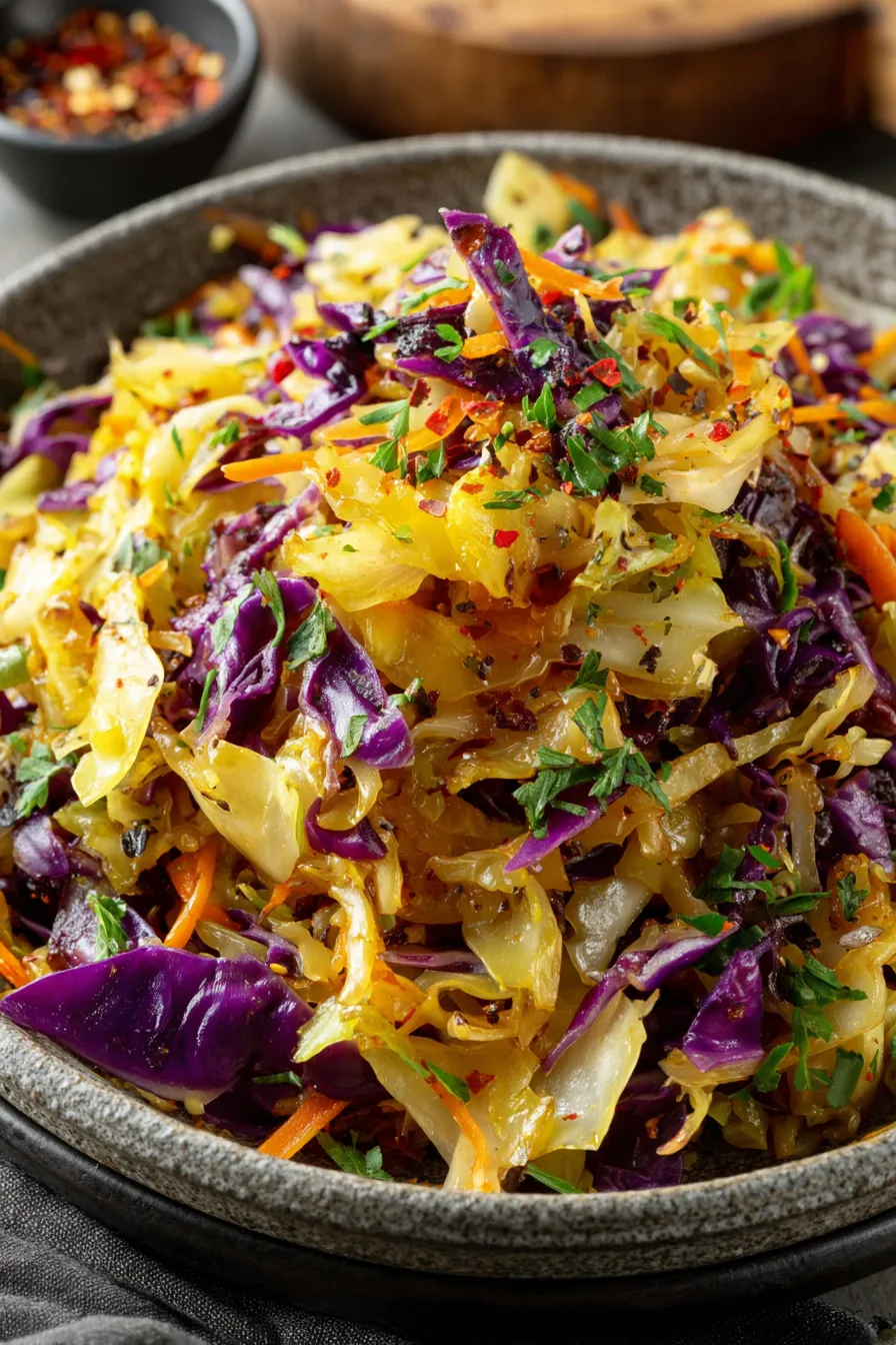Close up of spiced cabbage with coconut and cilantro garnish