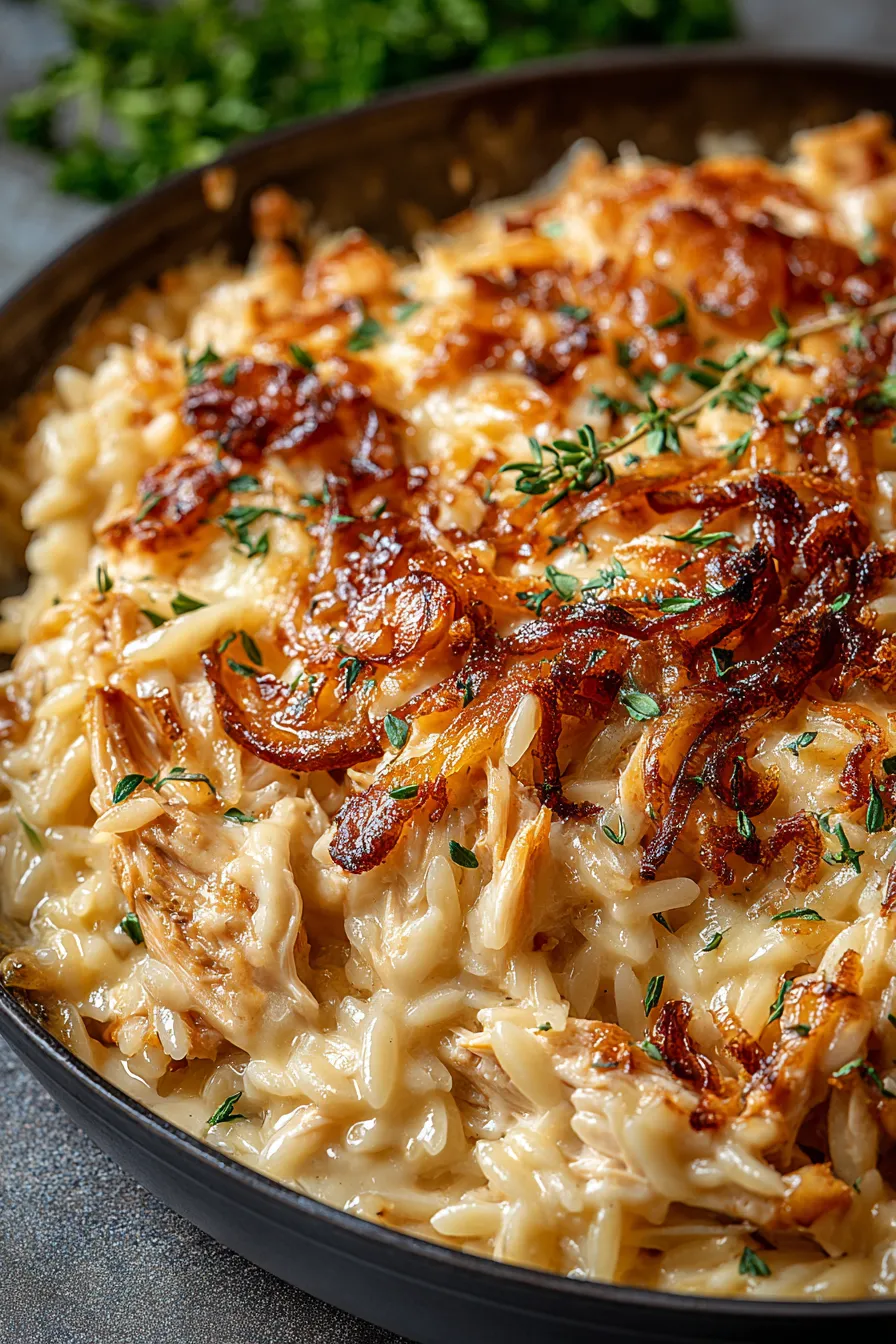 French Onion Chicken Orzo Casserole fresh from oven