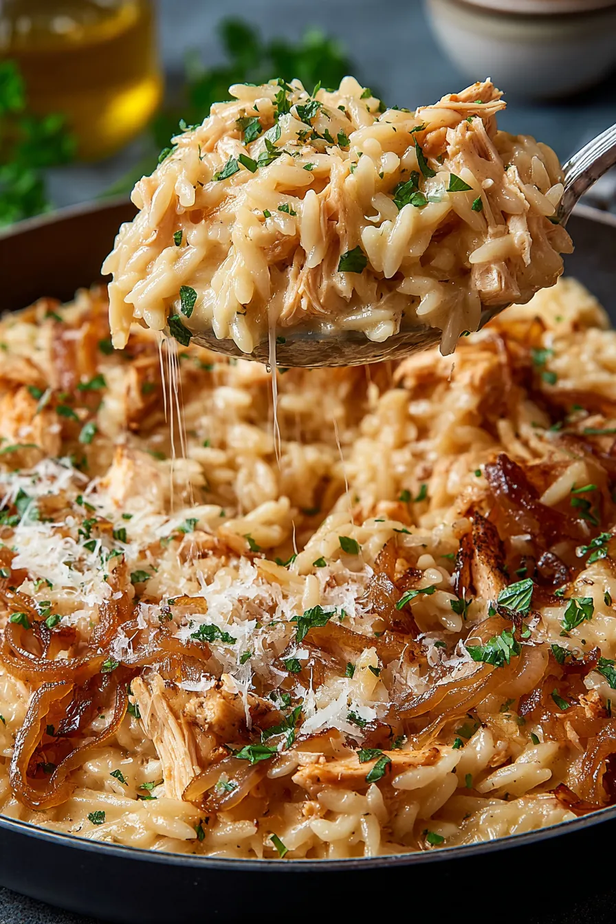 Close-up of cheesy orzo casserole