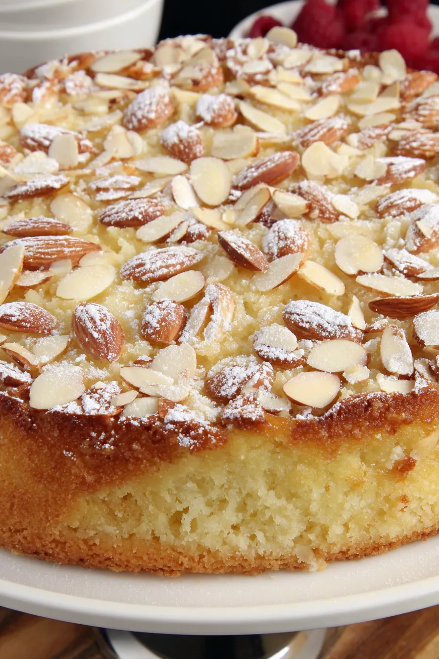 Slice of almond cake served with fresh berries