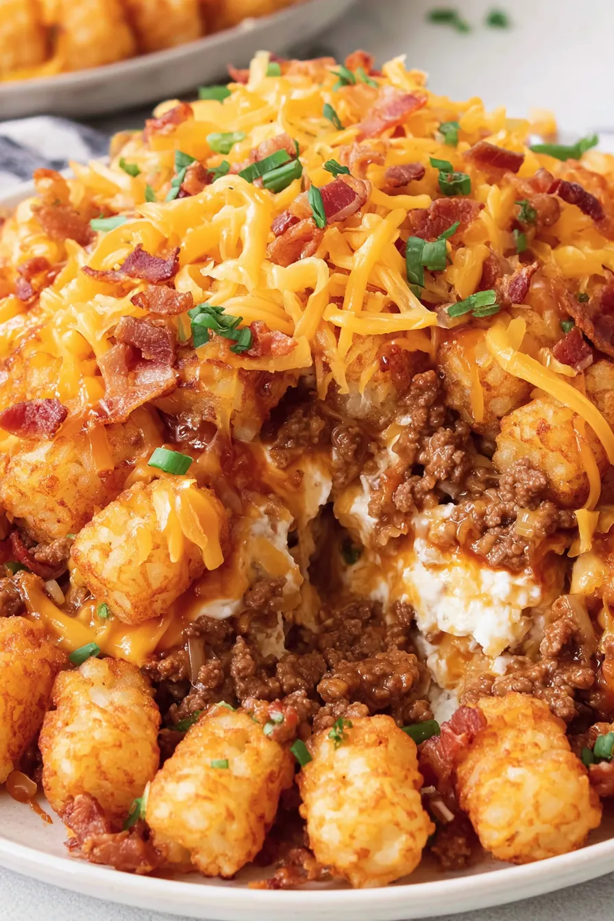 Bacon cheeseburger tater tot casserole baking in dish