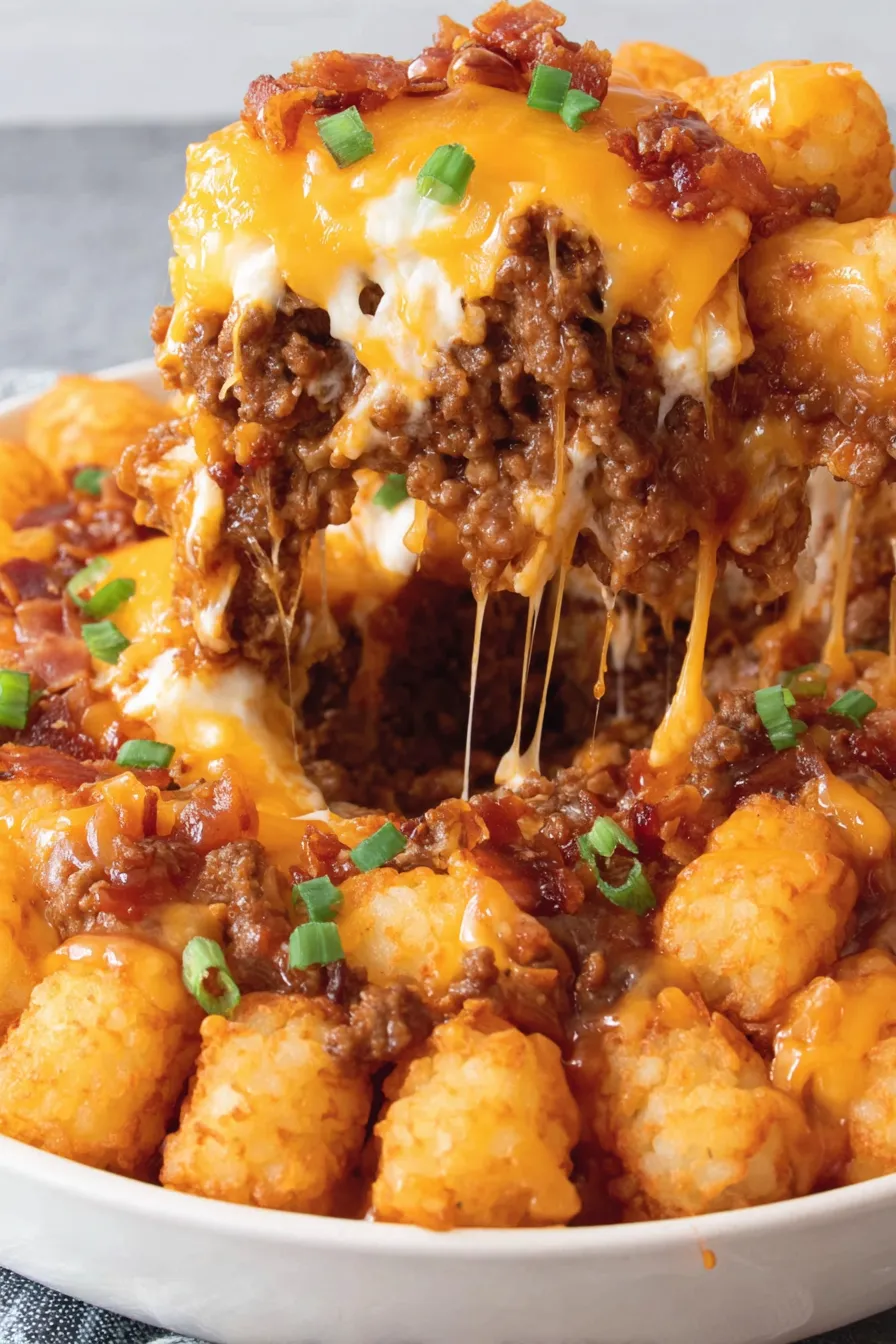 Close-up of tater tot casserole slice with melted cheese