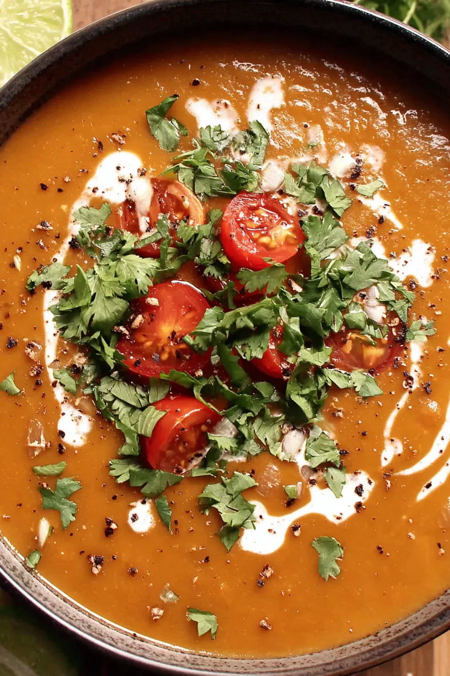 Bowl of spicy pinto bean soup topped with crema and cilantro
