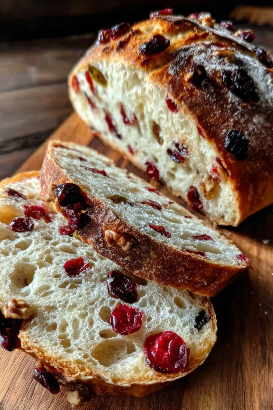 Baked cranberry raisin walnut cinnamon loaf cooling on rack
