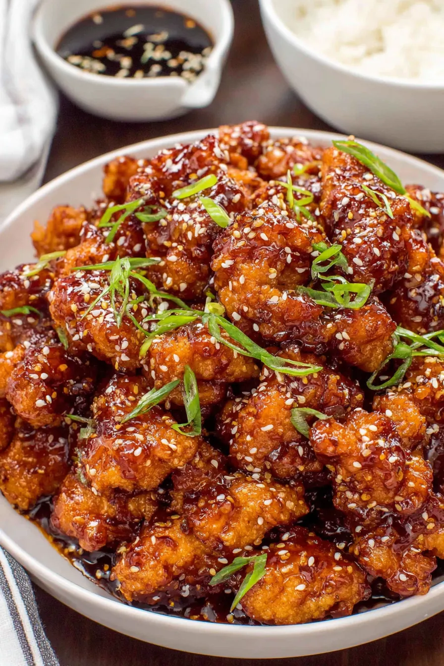 Crispy General Tso chicken glazed and tossed in a bowl