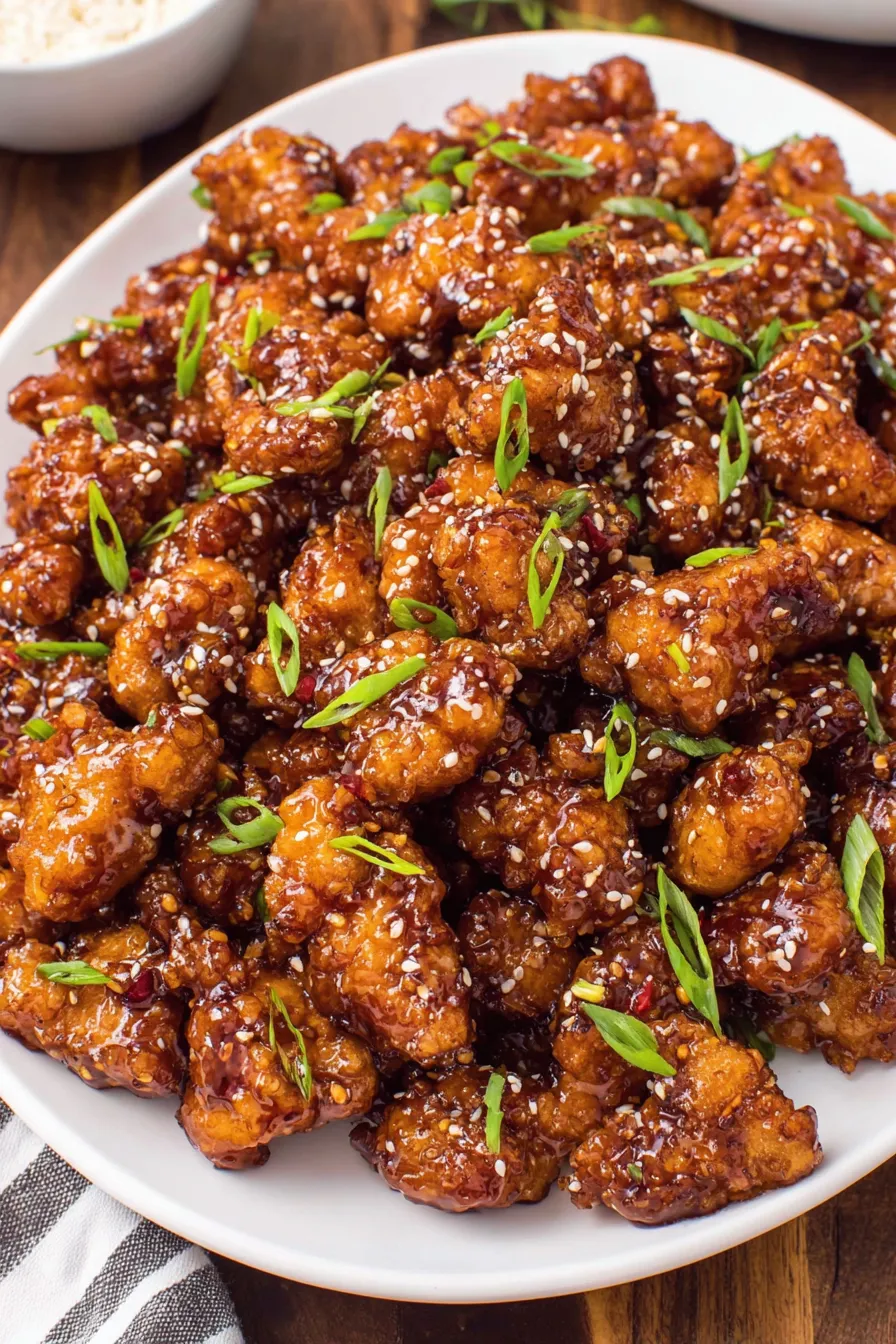 Plated General Tso chicken with green onions and sesame seeds