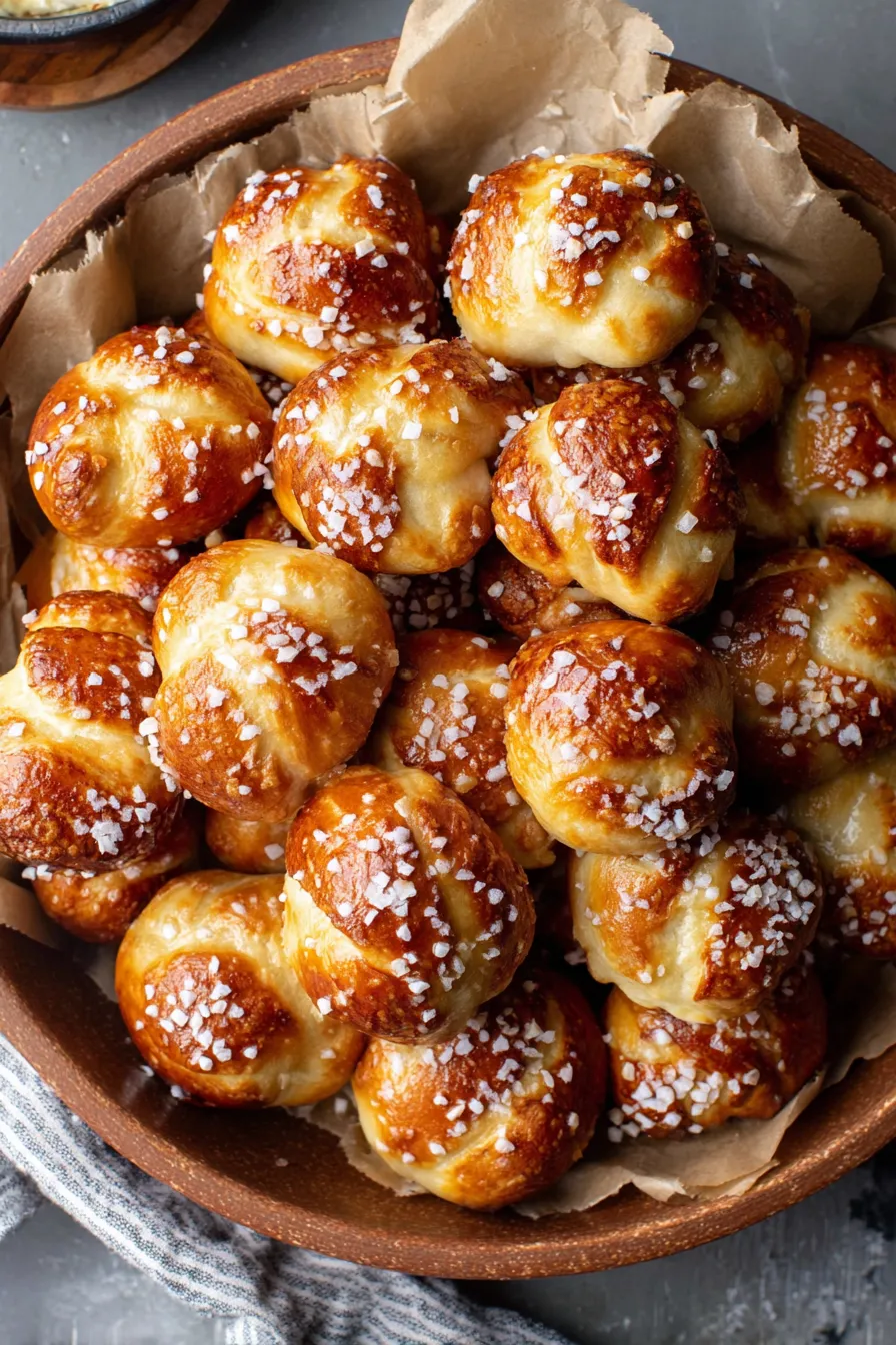 Close up of a pretzel bite with coarse salt