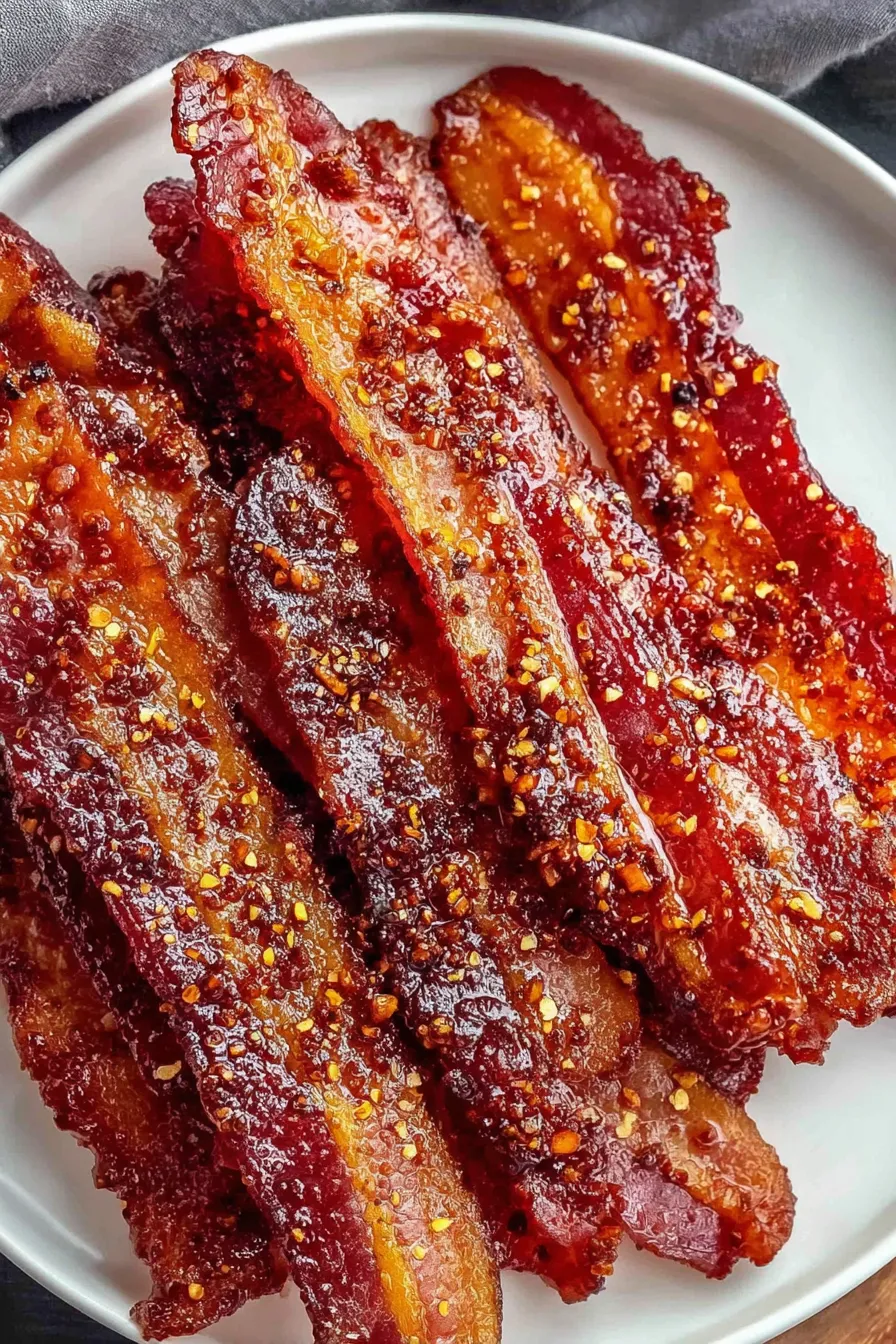 Close-up of candied bacon on cooling rack